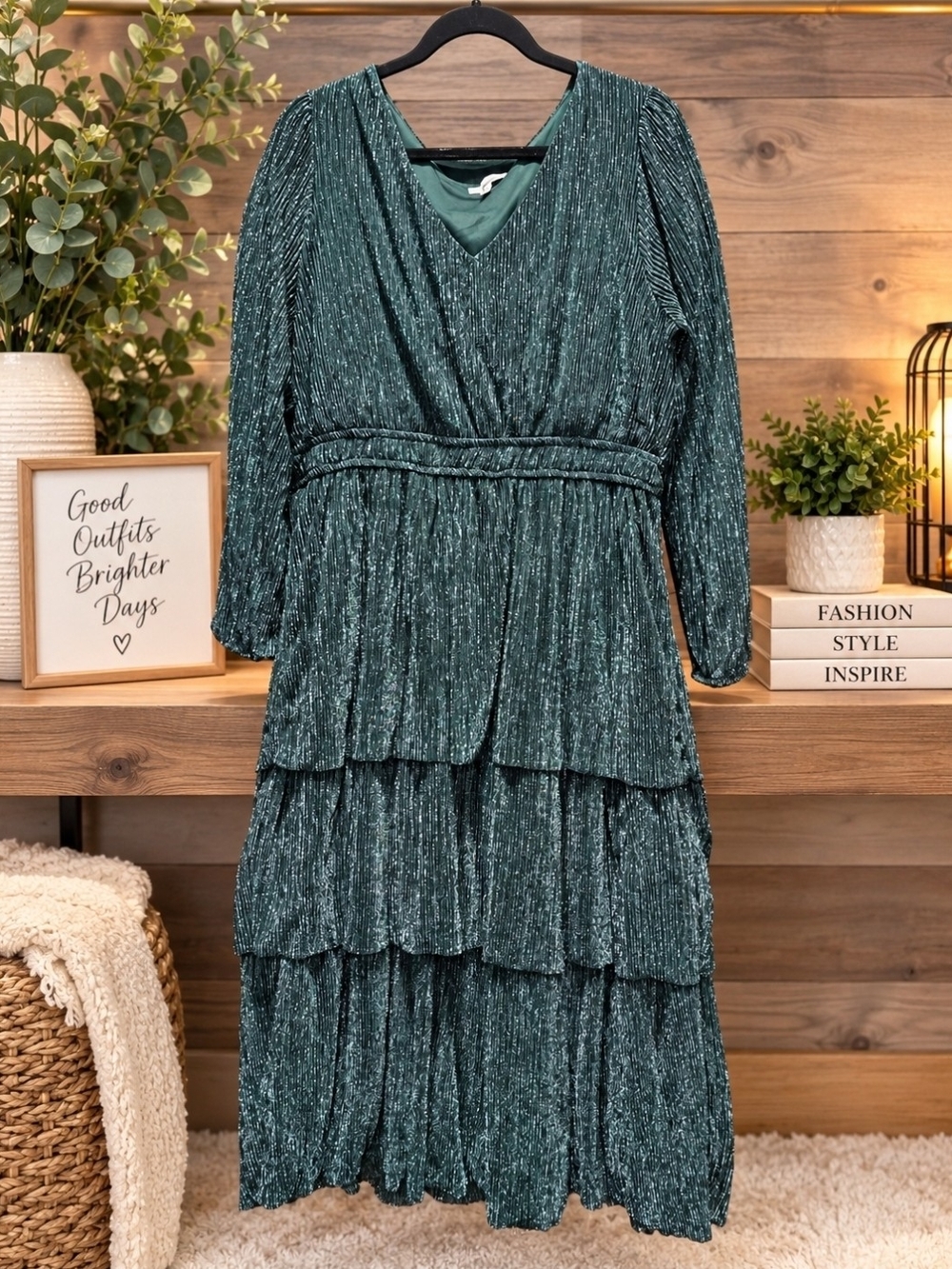 Maurices Teal Metallic Tiered Long Sleeve Dress